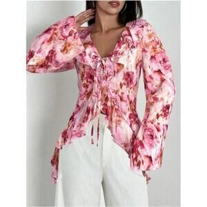 Women’s Floral Print Ruffle Blouse V Neck Tie Front Long Bell Sleeve Top Pink